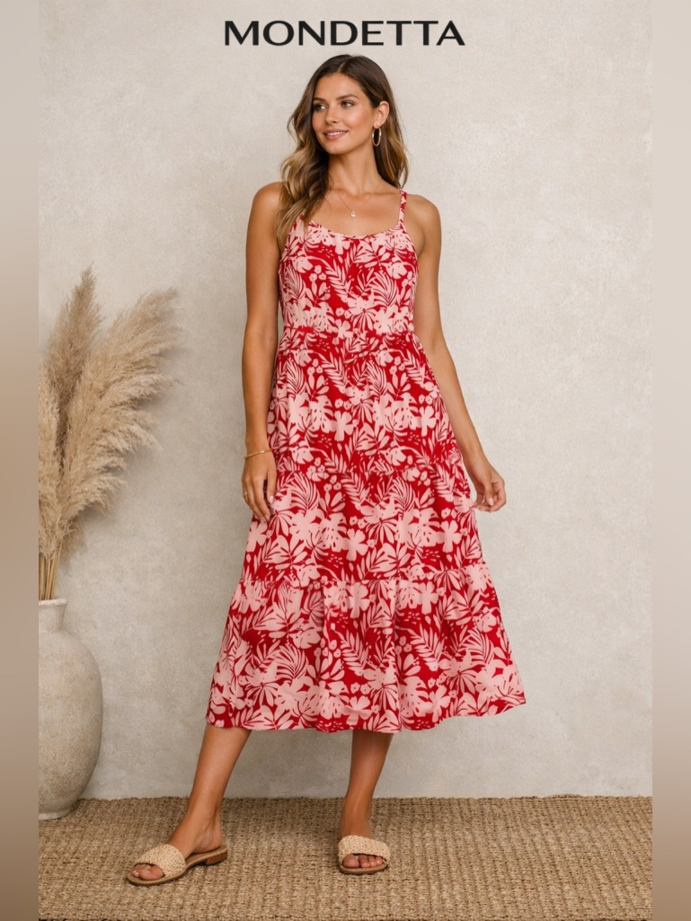 Mondetta Red Pink Tropical Midi Dress Spaghetti Strap Size L